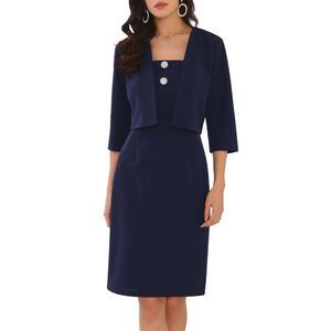 Suit Set 2 Pieces Half Sleeve Cardigan Evening Wedding Guest Dress Navy Blue